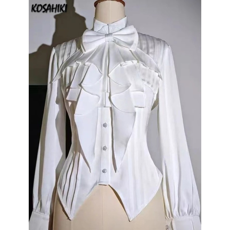 Blusa Feminina Lolita Y2k com Laço Doce e Gola Alta, Estilo Y2k de Outono, Top com Fenda Irregular para Cosplay Gótico P