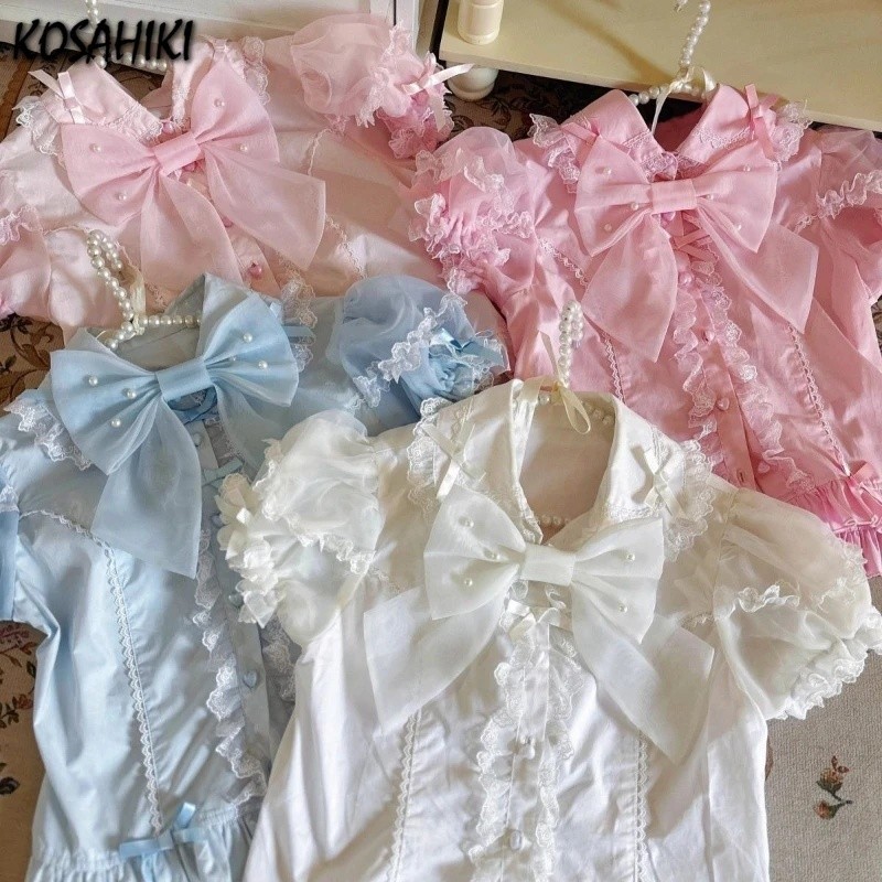 Blusa Lolita Japonesa com Laço Doce, Estilo Y2K, Gola, Camisa Grunge com Renda e Patchwork, Blusas Femininas Harajuku co