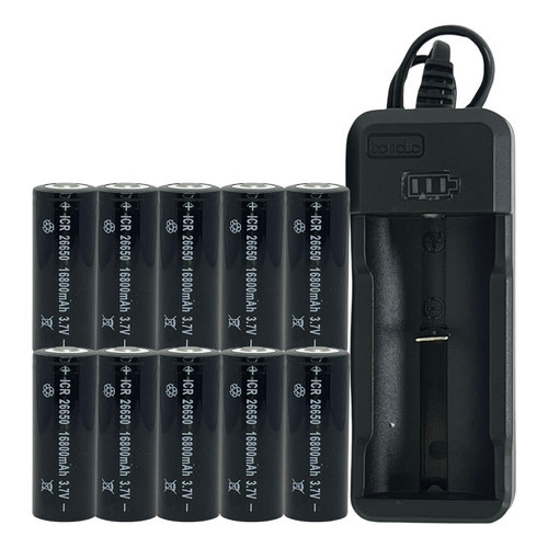 Carregador Turbo Led Indicador De Carga + 10 Un Bater Recarregaveis 26650 16800mah 1000cicl