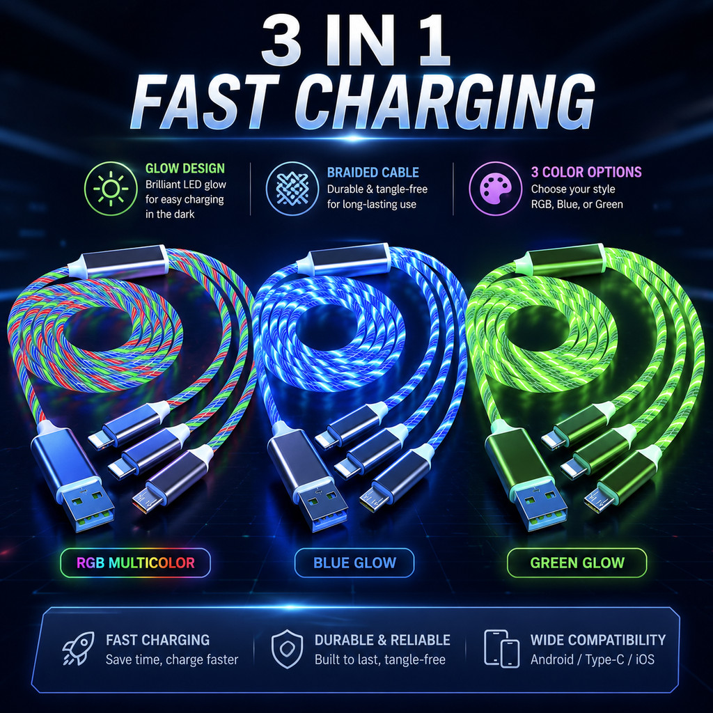 Cabo de carregamento rápido 3 em 1 para carro com luz indicadora de carregamento compatível com Apple e Android Tipo-C