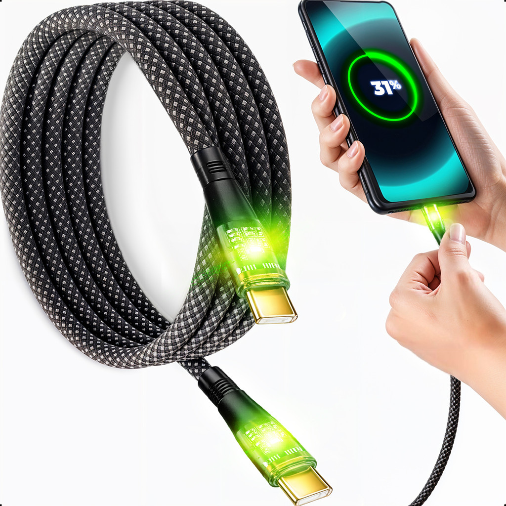Cab Usb Tipo C Transferência De Dados 65W Recarga Rápida Celular Led Indicador Verde Nylon 1 Metro