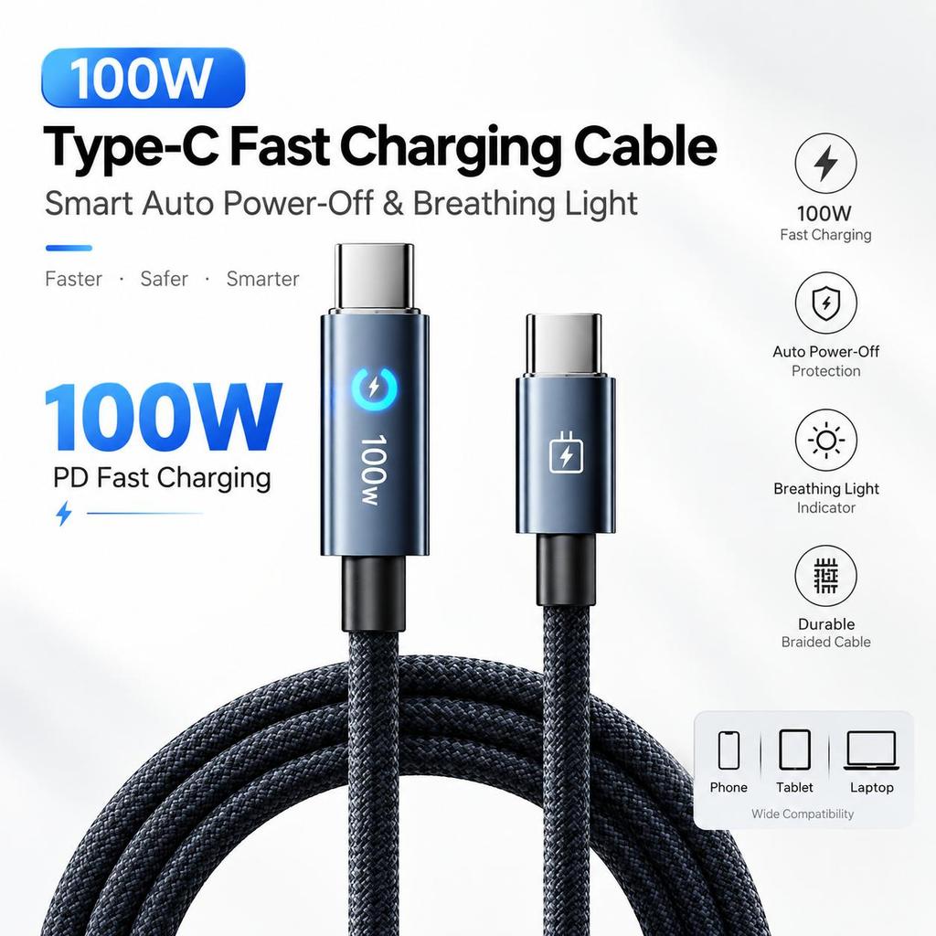 Cabo de carregamento rápido USB-C de 100 W com desligamento automático e luz indicadora, cabo Tipo-C para iPhone, Androi