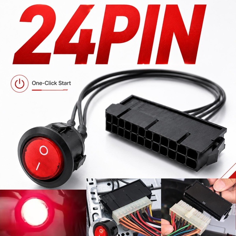 2-1Pc Cabo De Partida De Fonte De Alimentação ATX De 24 Pinos-De Botão-Luz Indicadora Vermelha 54 Cm Fio De Estanho De C