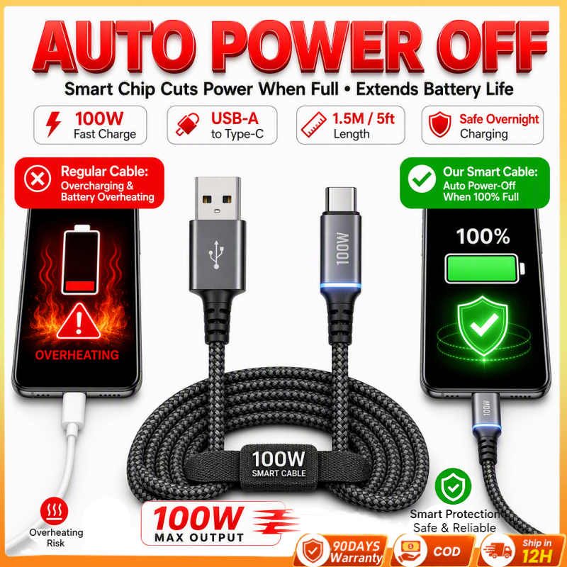 (Enviar Em 12H) Cabo De Carregamento De Desligamento Automático Inteligente USB Tipo C De 100 W , Indicador LED Rápido P
