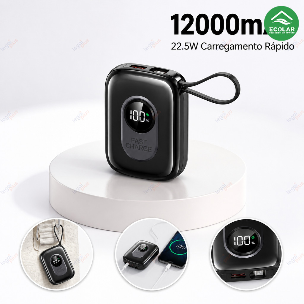 Power Bank Compacto 12000mAh com Indicador LED, Cabos Integrados, Carregamento Rápido para iPhone e Celulares Android