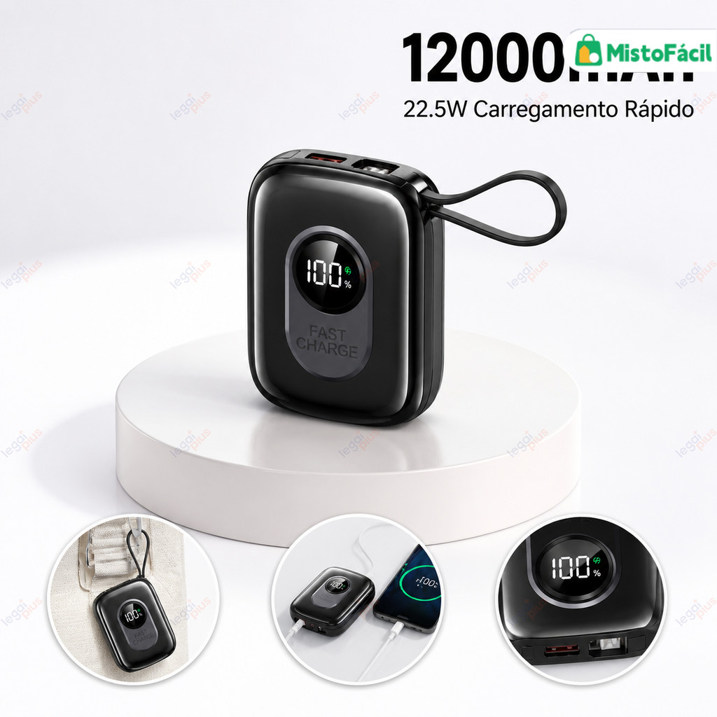 Power Bank Compacto 12000mAh com Indicador LED, Cabos Integrados, Carregamento Rápido para iPhone e Celulares Android