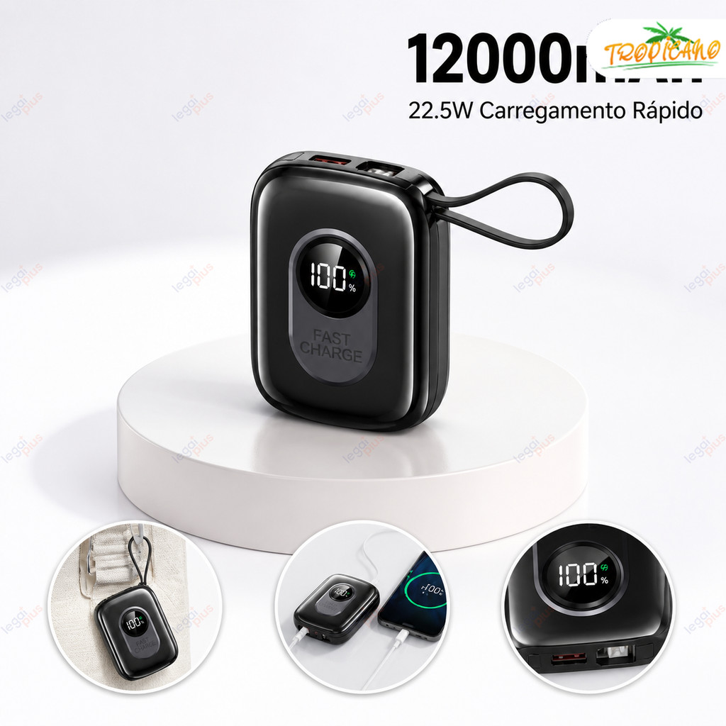 Power Bank Compacto 12000mAh com Indicador LED, Cabos Integrados, Carregamento Rápido para iPhone e Celulares Android