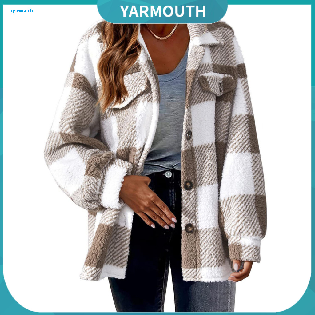 Women Cardigan Plaid Jacket Plus Size Women’s Fall Winter Coat with Contrast Color Fake Pockets Turn-down Collar Singl