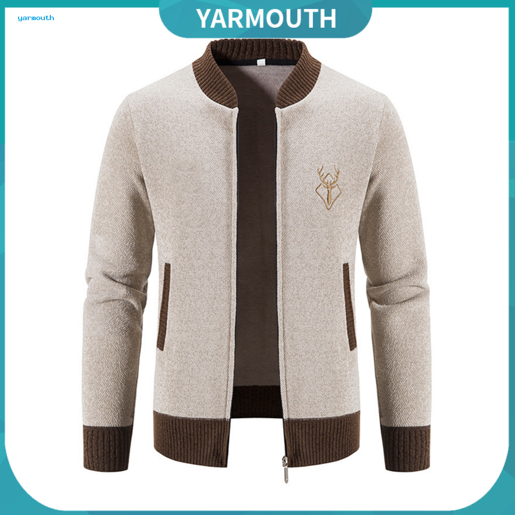 Men Round Neck Cardigan Women’s Fall Winter Embroidered Zip-up Sweater Coat Slim Fit Thickened Jacket with Side Pocket