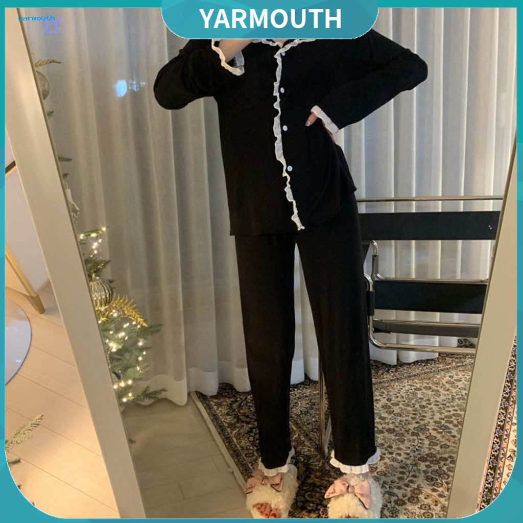 Top and Pants Pajama Set Women Two-piece 2 Pcs Pajamas Fall Winter Sleepwear Ruffle Collar Cardigan Wide Leg Home Wear C