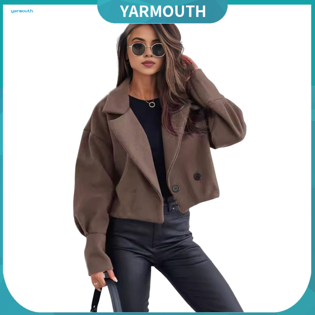 Button Closure Coat Short with Two Buttons Women’s Fall Winter Turn-down Collar Solid Color Loose Cardigan Jacket Ol C