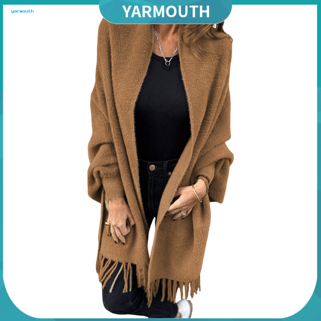 Knitted Plush Jacket Women Shawl Winter Fall Women’s Thick Fleece Long Batwing Sleeve Open Stitch Cardigan with Fringe