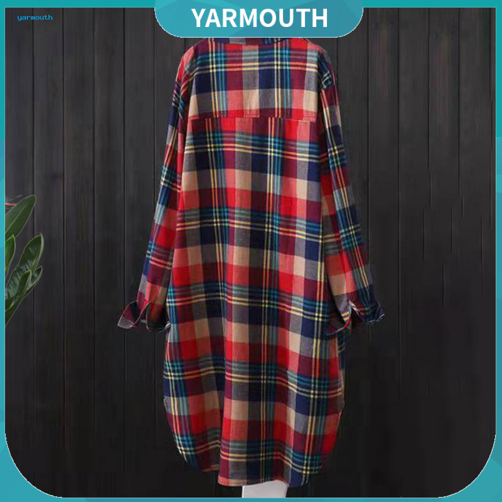 Women Plaid Long Coat Shirt Women’s Lapel Collar Button Placket Open Front Cardigan Loose Fit Sleeve for Fall Casual O