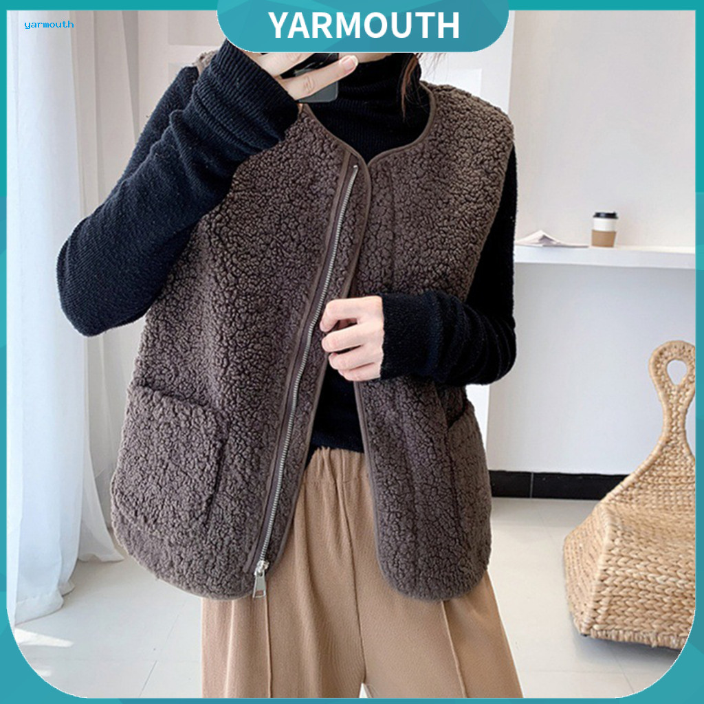 Women Vest Lightweight Fall Lady Jacket Plus Size Fleece Cardigan with Dual Zip Pockets Loose Fit Round Neck Waistcoat f