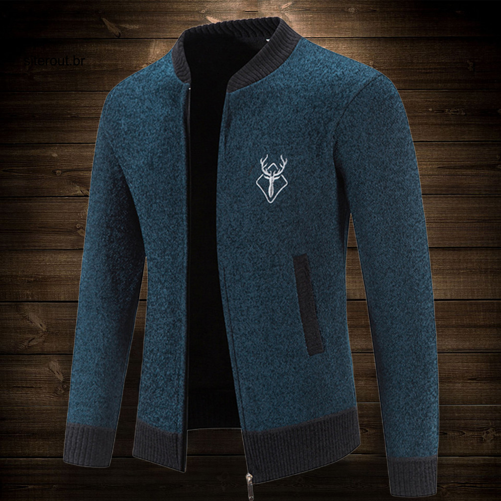 Men Cardigan Round Neck Women’s Fall Winter Embroidered Zip-up Sweater Coat Slim Fit Thickened Jacket with Side Pocket