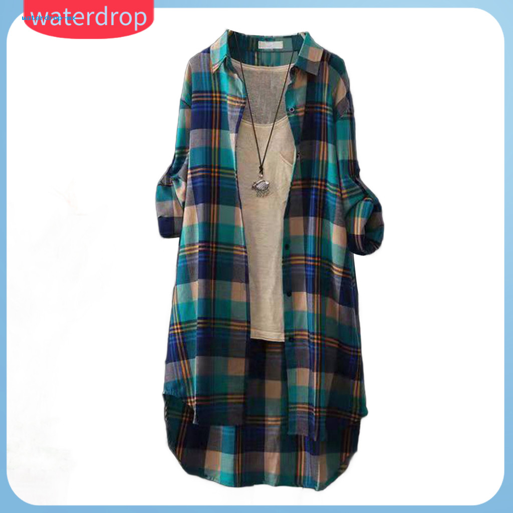 Women’s Long Plaid Coat Lapel Collar Button Placket Open Front Cardigan Loose Fit Sleeve Shirt for Fall Casual Outfit