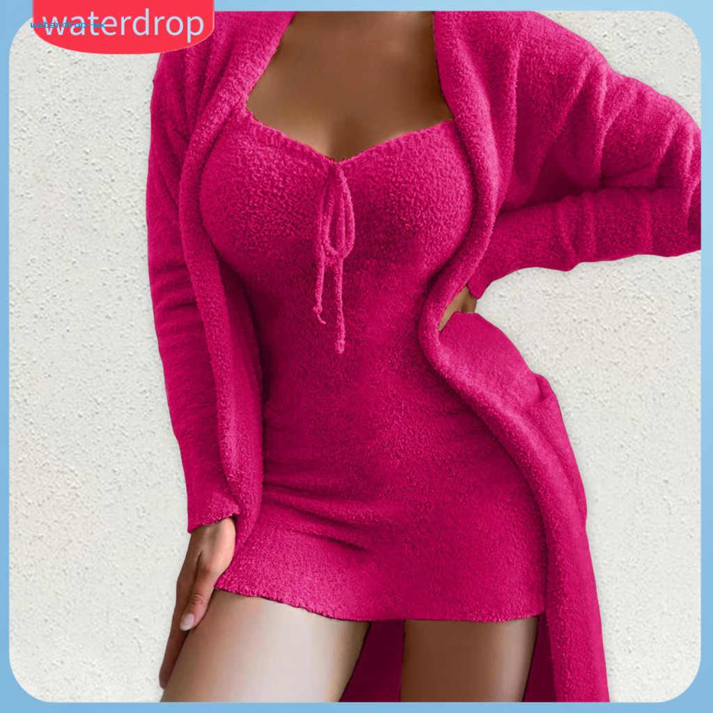 2 Pcs Women Pajamas Set Fall Winter Backless Spaghetti Strap Nightdress Long Sleeve Mid-length Cardigan Thick Solid Colo