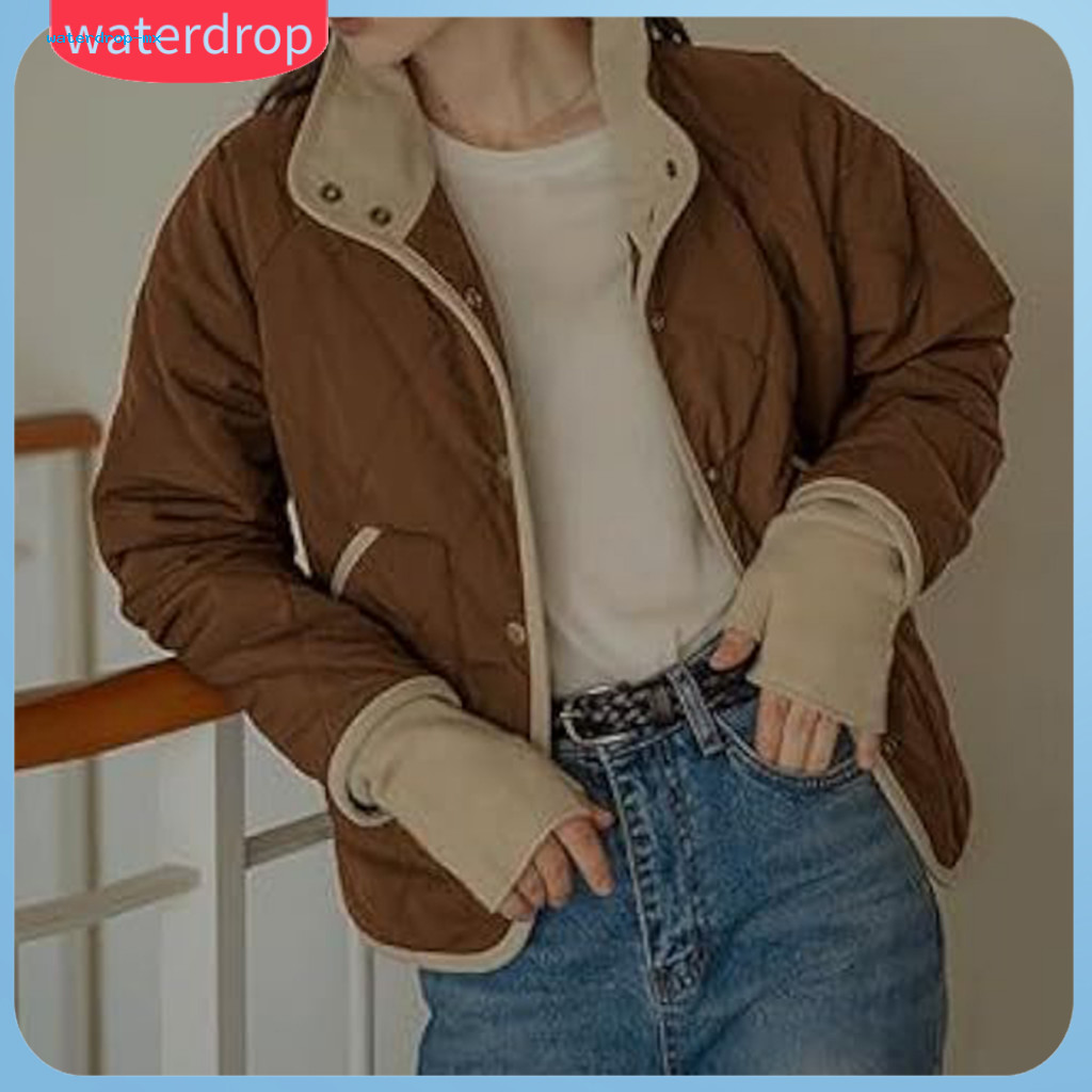Women’s Fall Winter Coat Thin Padded Cardigan Jacket with High Collar Button Closure Long Sleeves Pockets – Lightwei