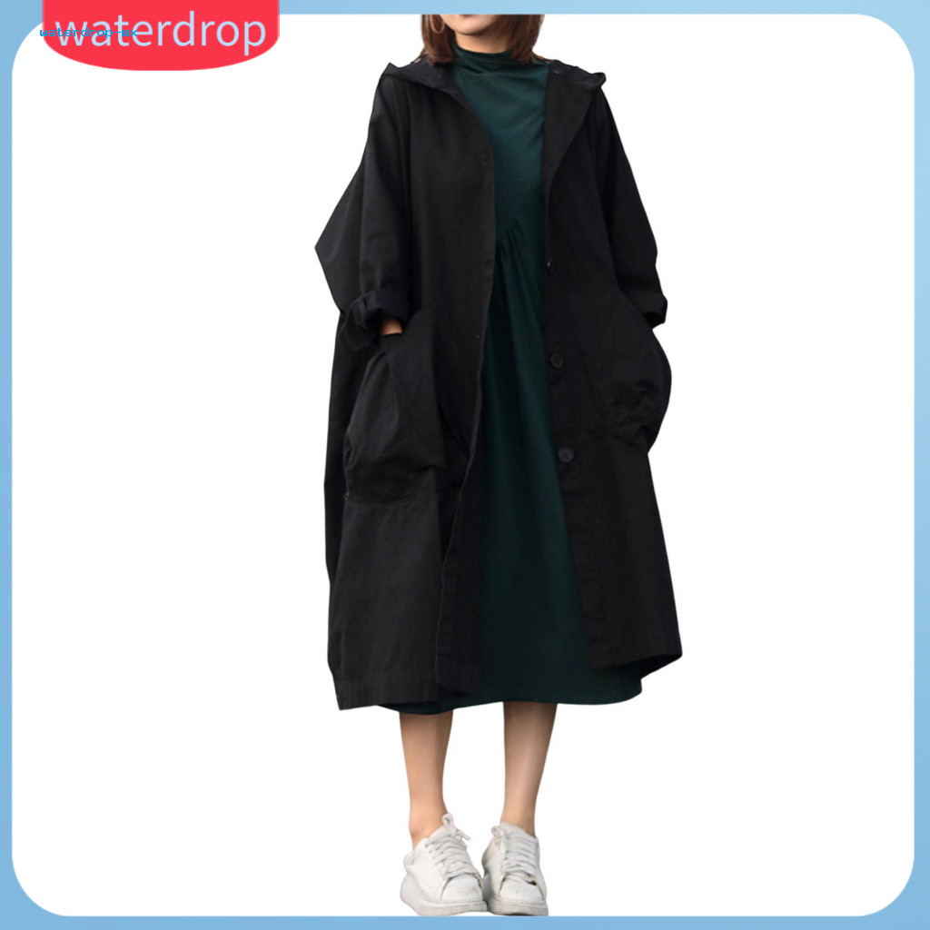 Women’s Fall Spring Hooded Long Coat Single-breasted Loose Cardigan with Drawstring Pockets Mid-calf Windbreaker Overc