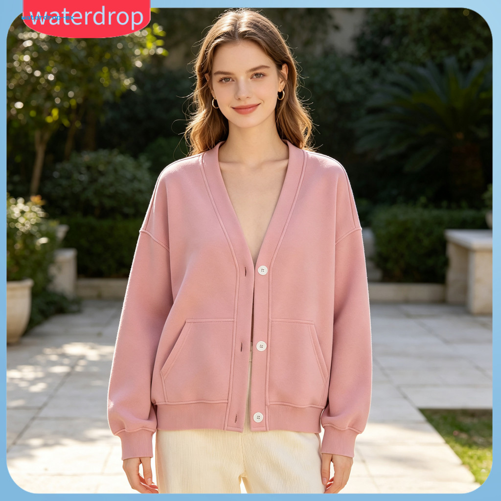 Women’s Button Front V-neck Cardigan Oversized Solid Color Long Sleeve Jacket with Dual Pockets Cozy Fall Winter Sweat