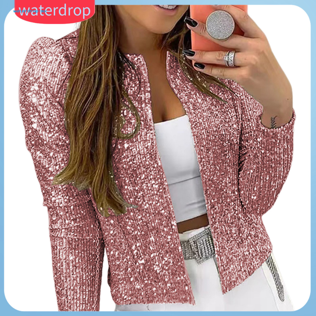 Spring Fall Women’s Sequin Open Stitch Cardigan Jacket Long Sleeve Short Coat for Club Party Performance Stylish Light