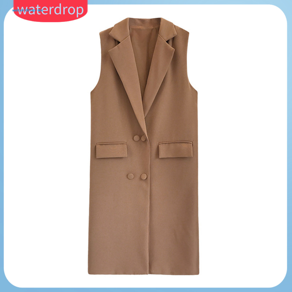 Women’s Fall Spring Sleeveless Waistcoat Vest Double-breasted Loose Knee-length Cardigan with Pockets Turn-down Collar
