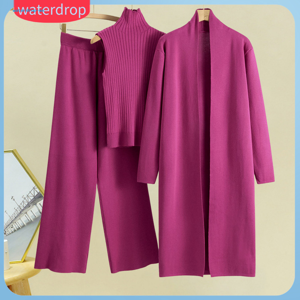 3 Pcs Women Knit Set – Turtle Neck Top Mid-length Cardigan Elastic Waist Wide Leg Pants Stretchy Fall Winter Outfit Co