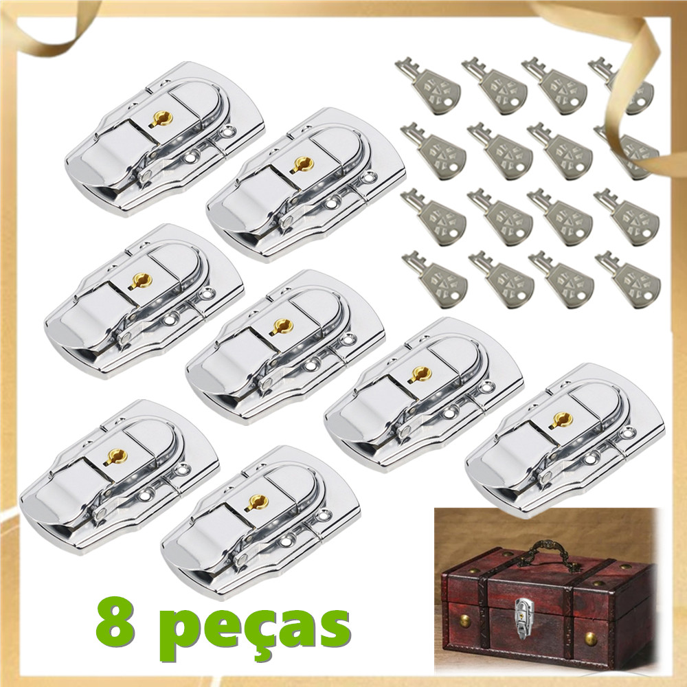 8 fechos de cadeado para mala, 7,5*4,5 cm, fecho de alavanca de metal com chave, caixa de madeira