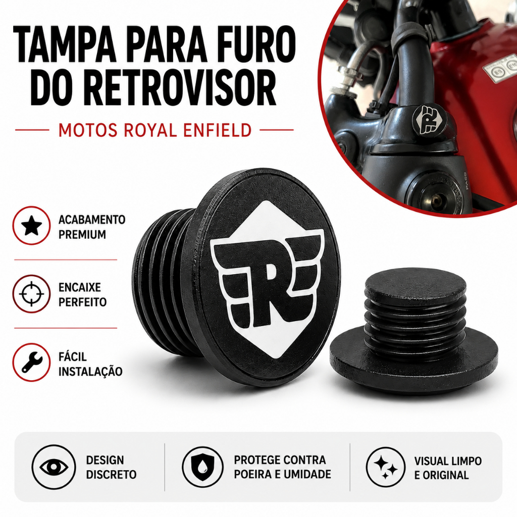 Tampa furo retrovisor Royal Enfield - Preto- Par- Shotgun- Super Meteor 650cc, Hunter, Interceptor, Classic 350, Meteor.