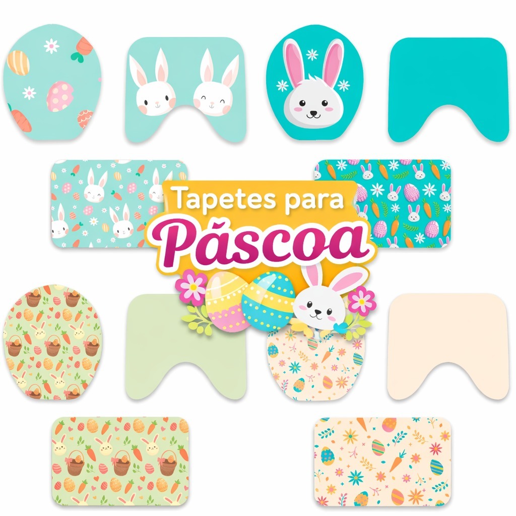 Jogo de Tapete de Banheiro 3 Peças Premium Antiderrapante Costura Reforçada Estampas Diversas Coelho da Páscoa