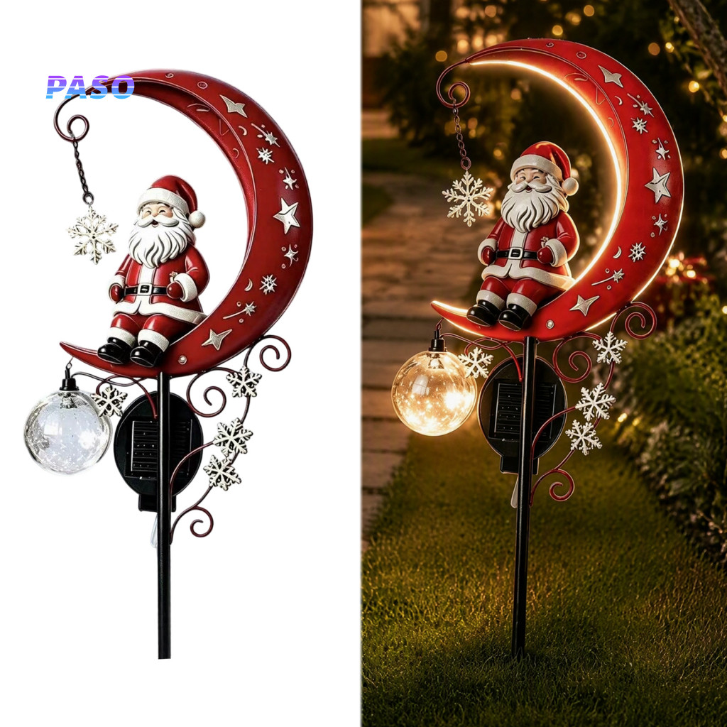 Solar Garden Stake Christmas Yard Decor 31 Inch Solar-powered Light Santa Claus on Moon with Snowflake Charm Waterproof