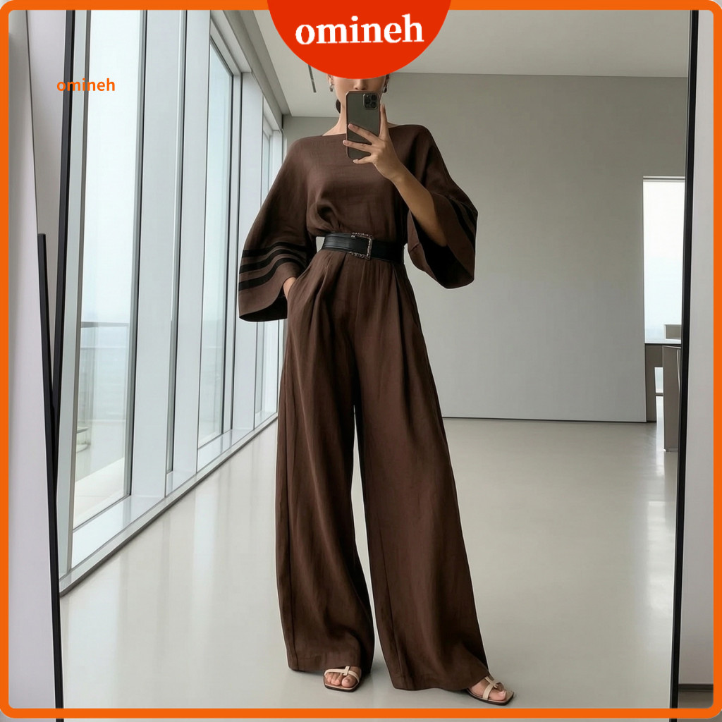 Relaxed Fit Jumpsuit Elastic Women’s Color Block with Batwing Long Sleeves Wide Leg Romper Boat Neck One-piece Outfit