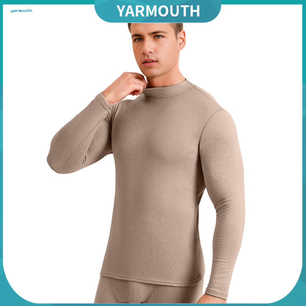 Warm Outfit Set Pajama Men’s Thermal 2pcs – O-neck Long Sleeve Top High Waist Slim Fit Pants Breathable Solid Color
