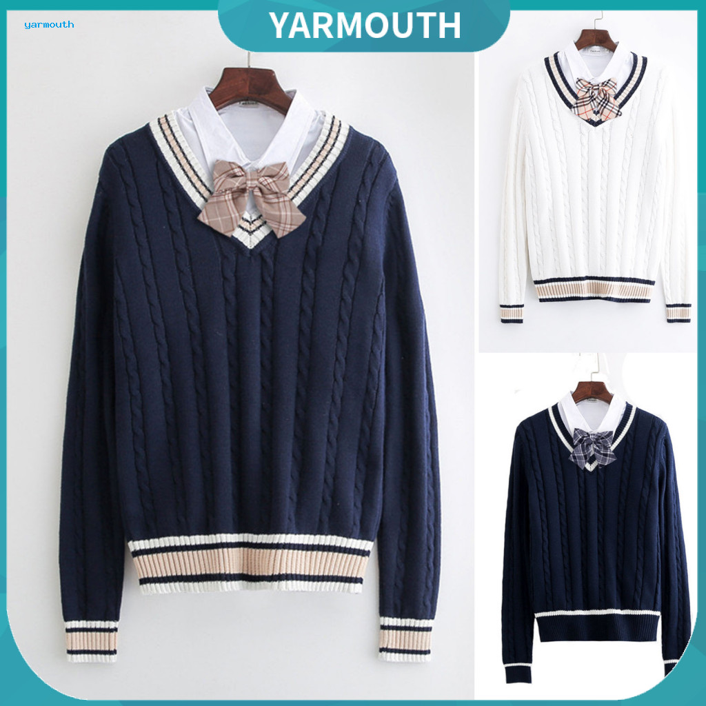 Unisex Sweater Couple Outfit V-neck Long Sleeve Loose Fit Color Block Knit Top Couples School Uniform Preppy Style Twist