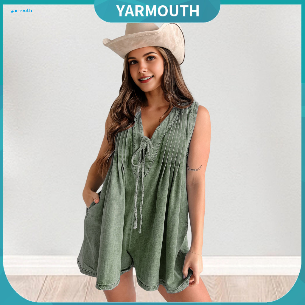 Women Mini Overalls Women’s Summer Romper V Neck Lace-up Pleated Beachwear with Pockets Loose Fit Vacation Outfit Pure