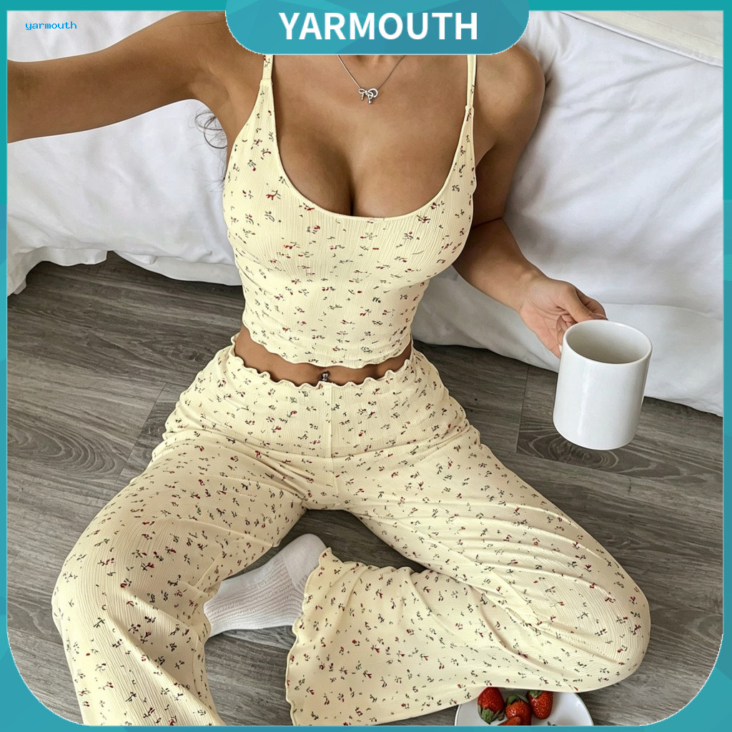 Soft Ribbed Pajamas for Women Cozy Knit Pajama Outfits Women’s Floral Set U Neck Camisole and Pants Comfortable for La