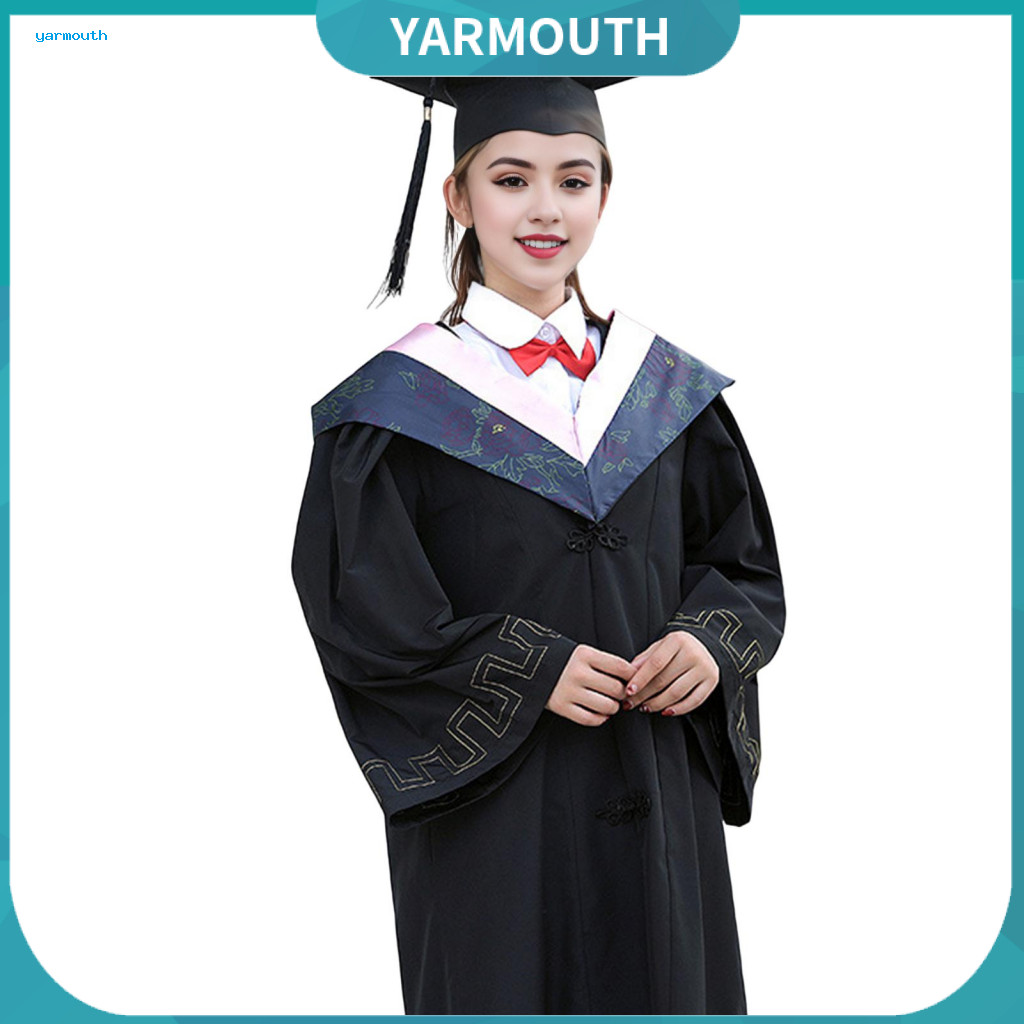 Bachelor Graduation Outfit Uniform Gown with Hat V-neck Knee-length Long Sleeve Robe Hidden Button Design Arts Student f