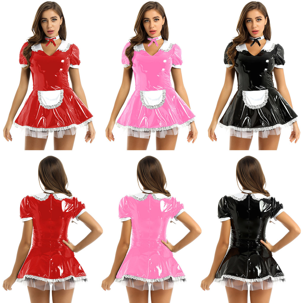 inhzoy Ladies V Neck Short Sleeve Patent Leather Lace Trimming Maid Fancy Dress Costume Role Play Outfit with Neck Ring