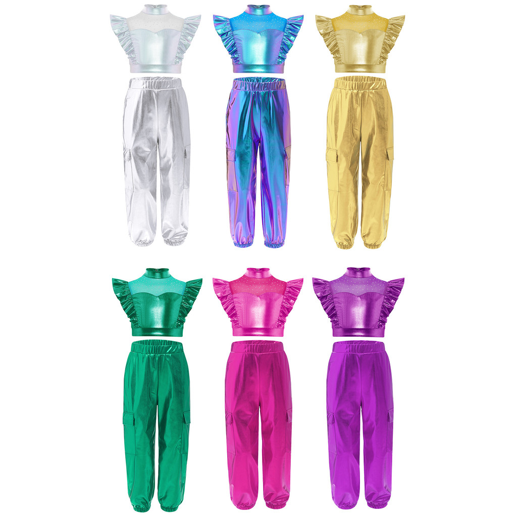 inhzoy Crianças Meninas Hip-Hop Jazz Dance Outfit Mock Neck Strass Adorado Malha Patchwork Sem Mangas Metálico Plissado