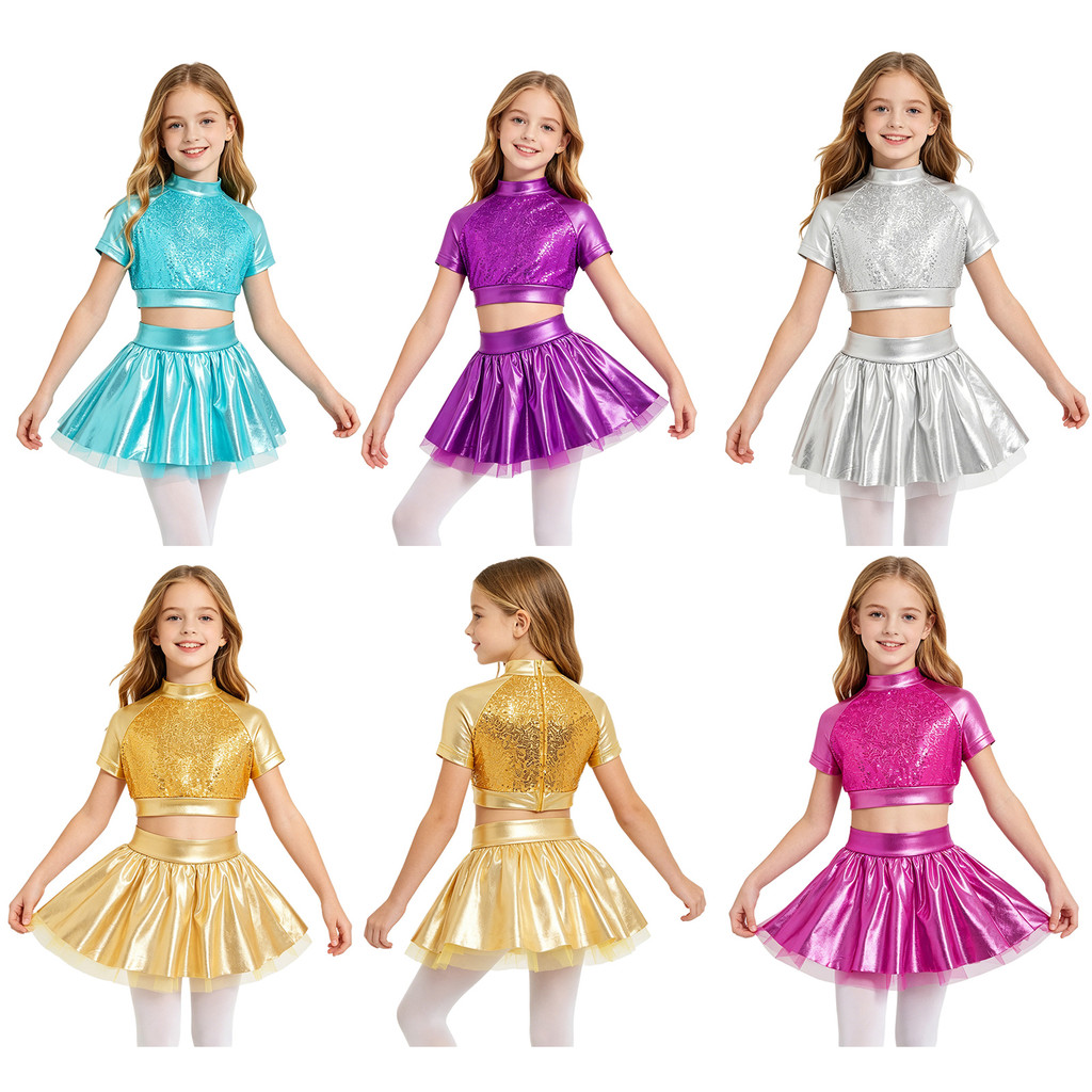 MSemis Kids Girls Jazz Dance Performance Outfit Mock Neck Manga Curta Lantejoulas Metálicas Costas Invisíveis Zíper Crop