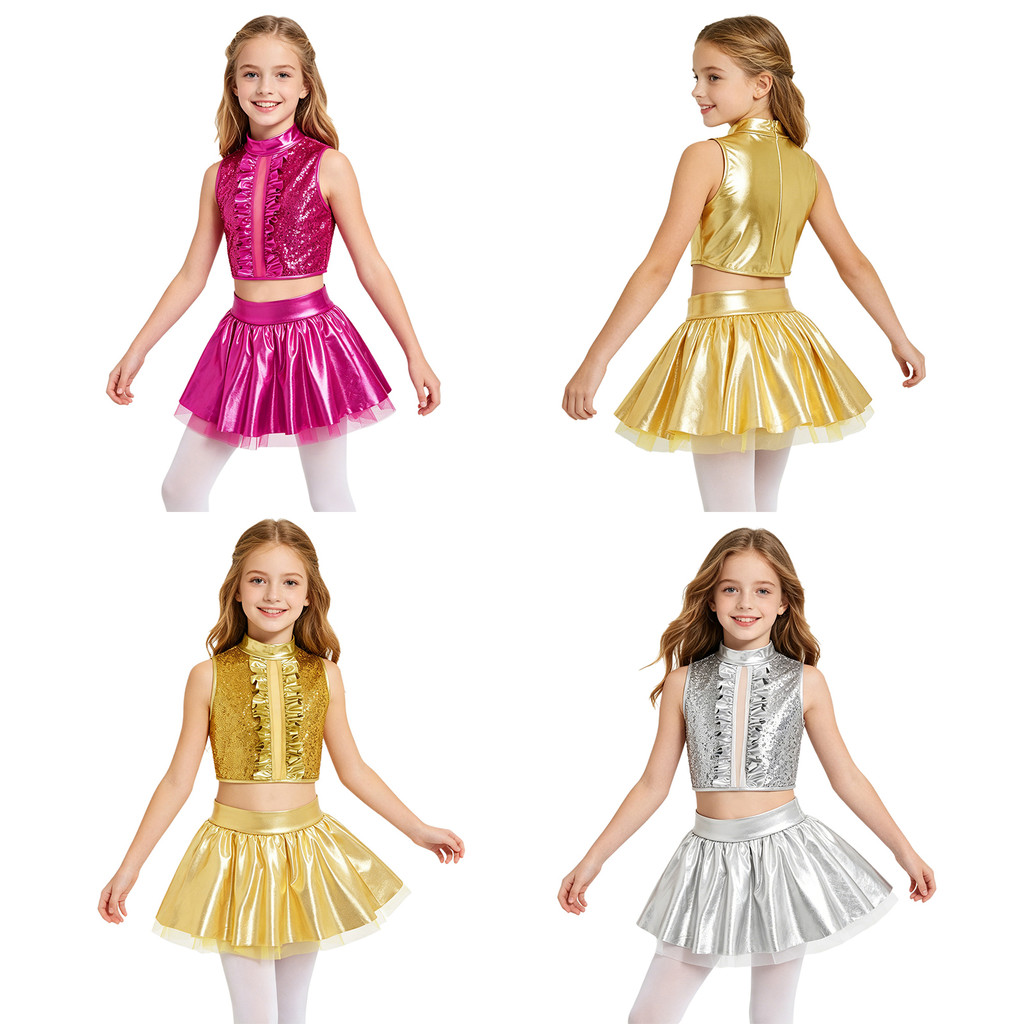 MSemis Kids Girls Jazz Dance Performance Outfit Mock Neck Sem Mangas Costas Zíper Invisível Lantejoulas Espumantes Babad