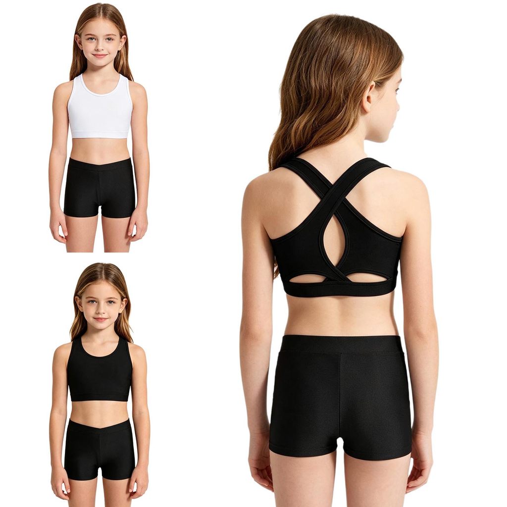MSemis Kids Girls Running Yoga Sports Outfit U Neck Sleeveless Cutout Cross Back Vest Top with V-front Waistband Shorts
