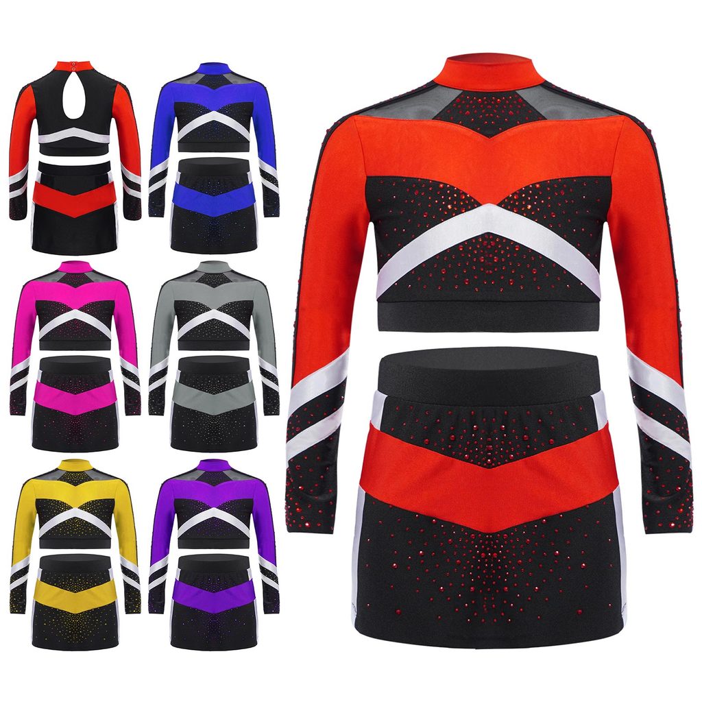 inhzoy Crianças Meninas Color Block School Cheerleading Outfit Mock Neck Manga Longa Strass Brilhantes Crop Top Com Saia