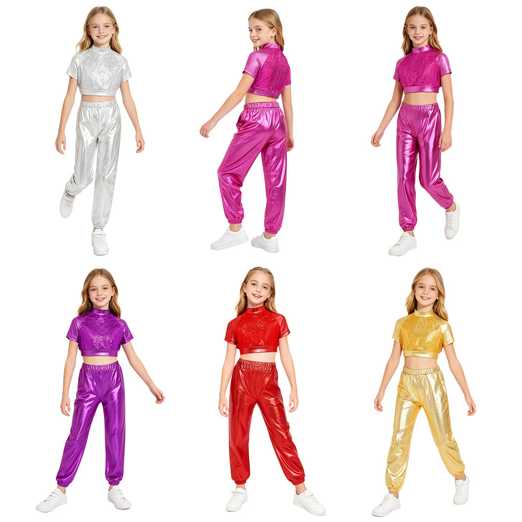 inhzoy Kids Girls Jazz Dance Outfit Mock Neck Short Sleeve Sequins Metallic Back Invisible Zipper Crop Top with Pants
