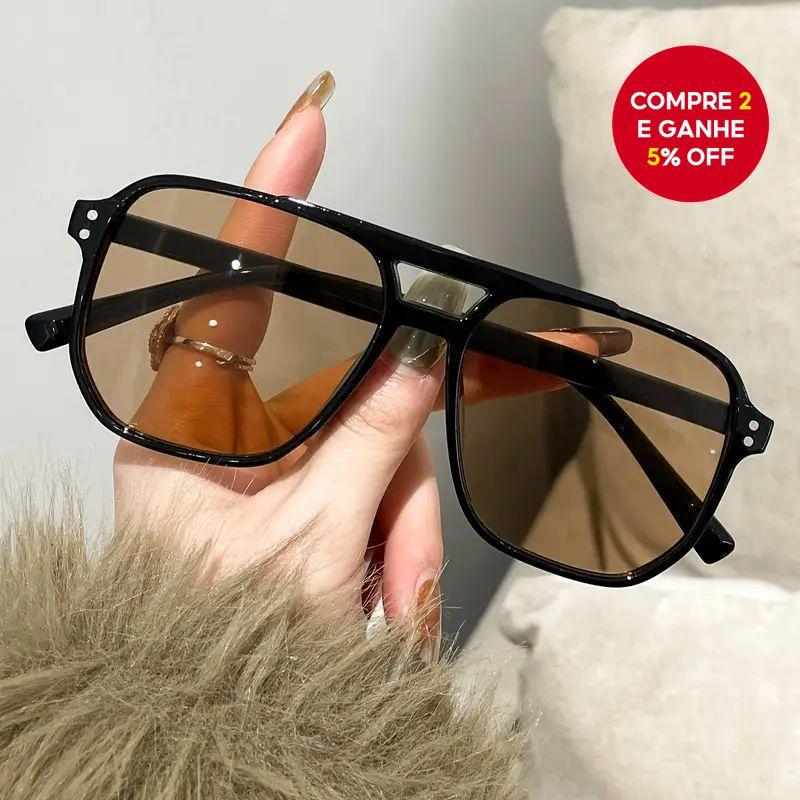 Óculos De Sol Retrô De Feixe Duplo , Armação Grande , Proteção UV , Lentes Oceânicas Em Chá Preto/Amarelo Para O Inverno
