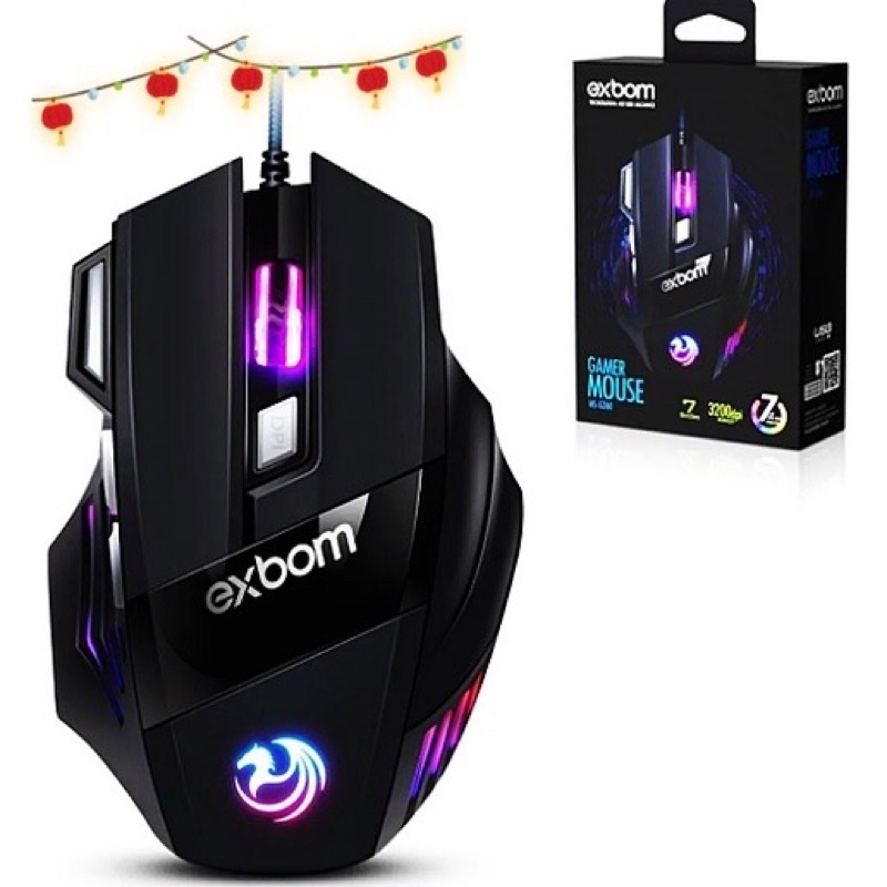 Mouse Gamer Para Jogo 3.200 DPI Óptico com LED RGB USB - Exbom