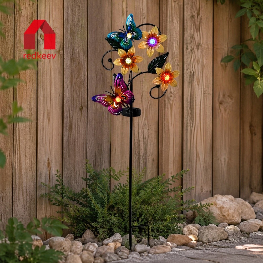 A Estaca Solar Do Jardim Ilumina Estatueta Da Flor Abelha Borboleta Metal De 32.09x9.61 Polegadas