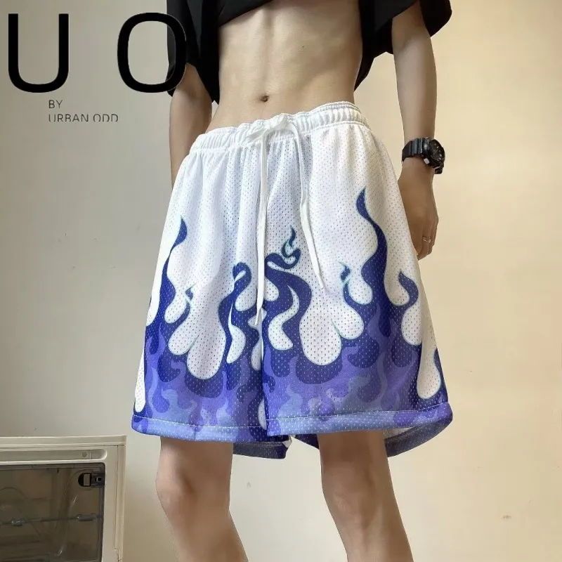Verão nacional na moda chama impresso malha basquete Shorts masculino solto esportes americanos de secagem rápida respir