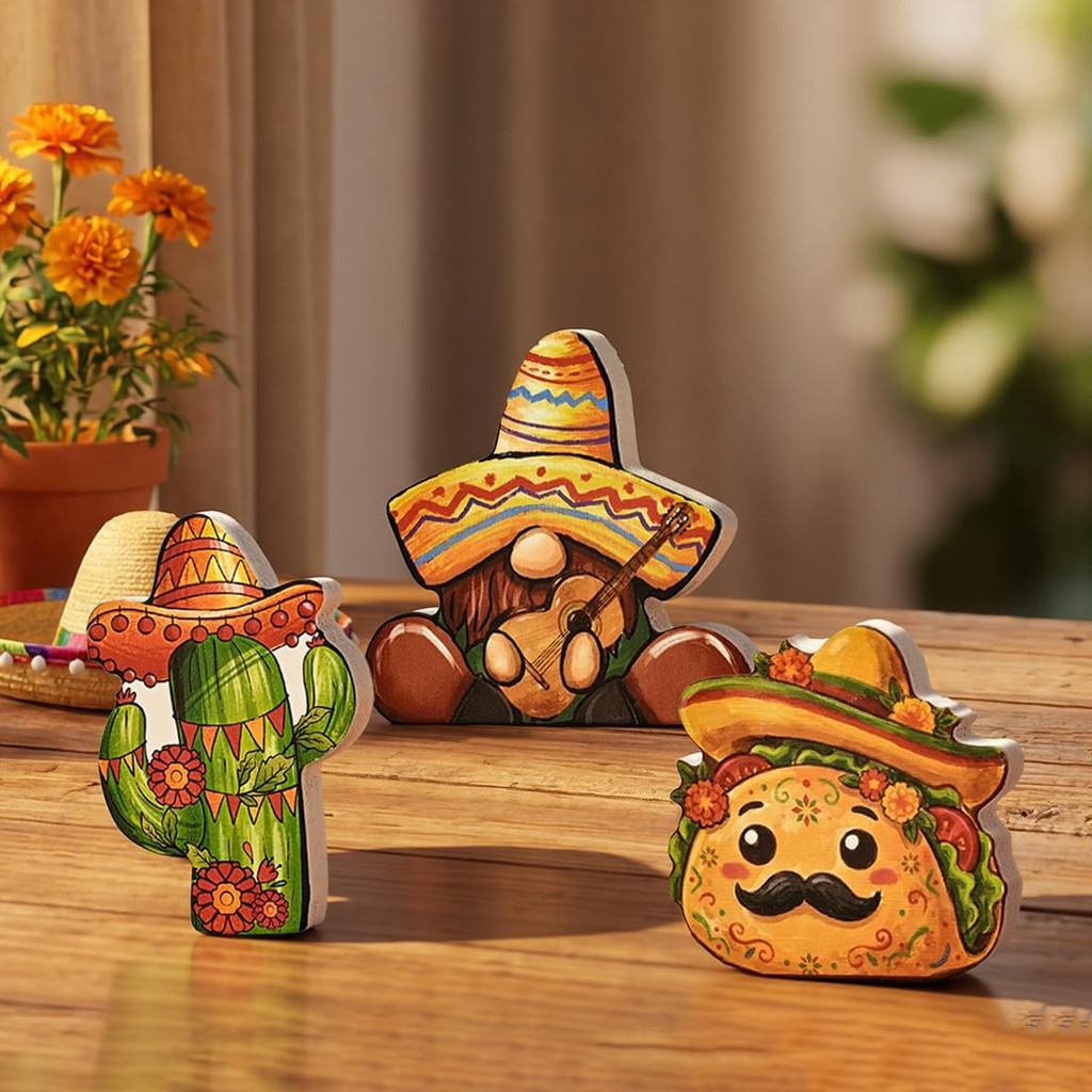[SKI] 3 Peças De Enfeites De Madeira Smile Cinco De Mayo , Chapéus Cacti/Tortas De Taco/Estatuetas De Guitarra , Lembran
