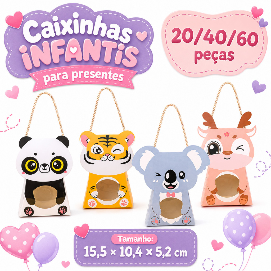 15.5x10.4x5.2cm, 20/40/60 Sacos de festa com janelas transparentes, cordas e tema Animal, adequados para doces e lembran